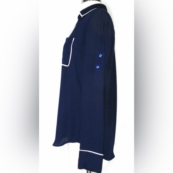 Express Portofino Shirt Women’s Large Navy Blue With White Trim Button Up Blouse - Picture 4 of 6